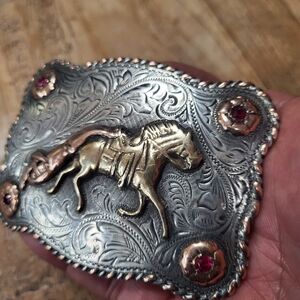 Sterling Silver 18k 10k Gold Belt Buckle with Rubies Vintage HERMAN friedrick
